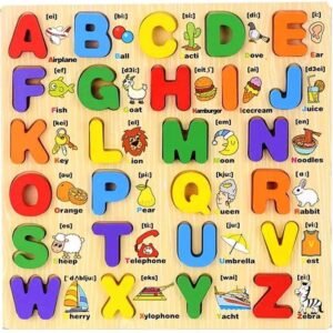 wooden capital alphabet board with pictures