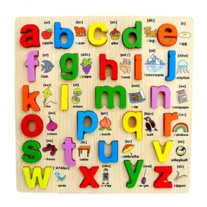 wooden capital alphabet board with pictures