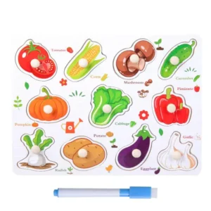 2 in 1 wooden vegetables puzzle board with whiteboard & marker ? learn & draw combo toy