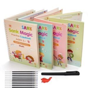 sank magic practice copybook set – 4 reusable writing books with 10 refills, pen & grip | number, alphabet, math & drawing practice for preschool kids