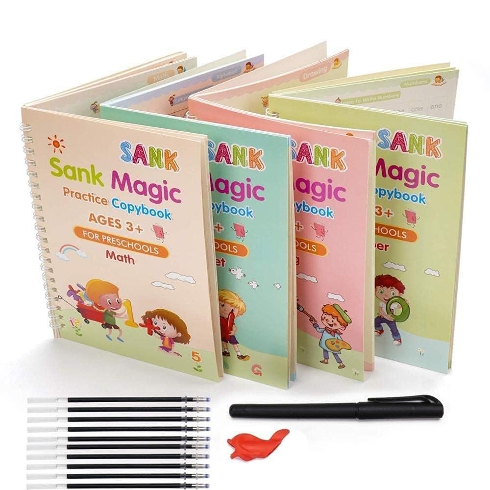 sank magic practice copybook set โ 4 reusable writing books with 10 refills, pen & grip | number, alphabet, math & drawing practice for preschool kids sank magic practice copybook set โ 4 reusable writing books with 10 refills, pen & grip | number, alphabet, math & drawing practice for preschool kids