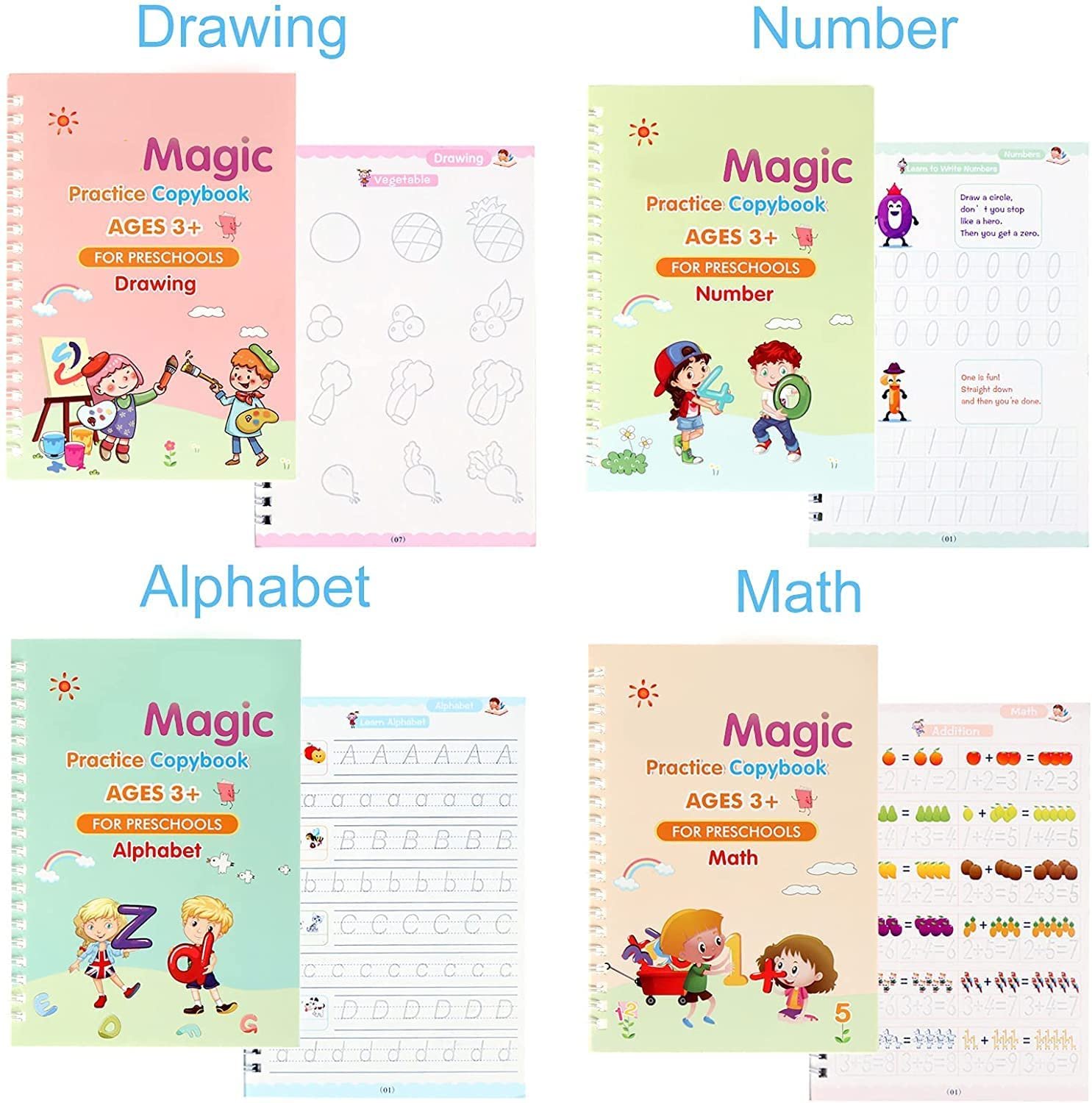 sank magic practice copybook set โ 4 reusable writing books with 10 refills, pen & grip | number, alphabet, math & drawing practice for preschool kids sank magic practice copybook set โ 4 reusable writing books with 10 refills, pen & grip | number, alphabet, math & drawing practice for preschool kids